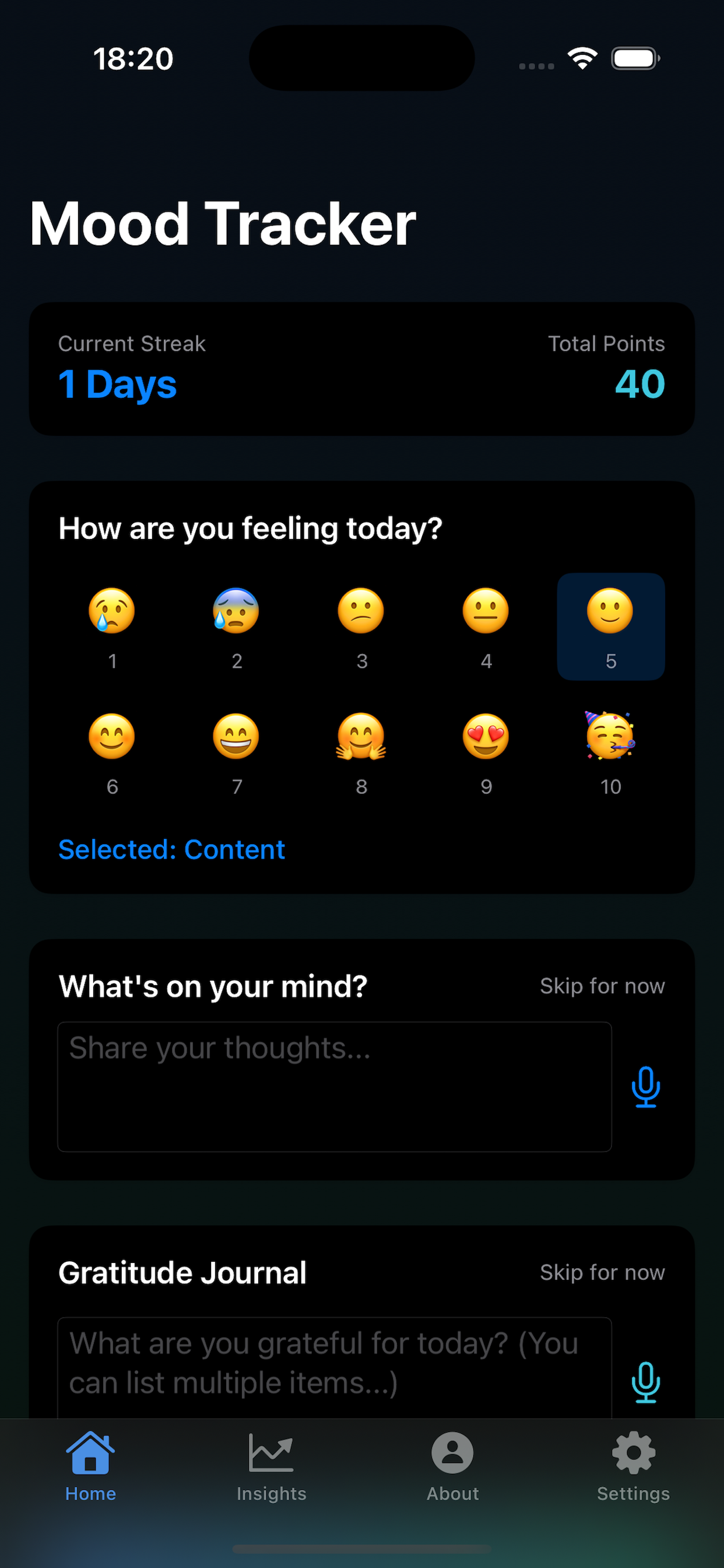 MPowerMe Mood Tracker v1.2 screenshot showing skip options, flexible gratitude journal, and enhanced navigation with mood selection interface