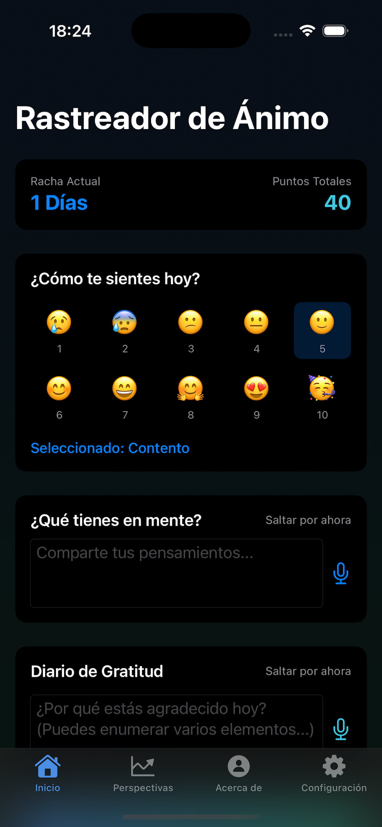 MPowerMe Mood Tracker app en español mostrando la interfaz Rastreador de Ánimo con opciones de saltar y diario de gratitud en español